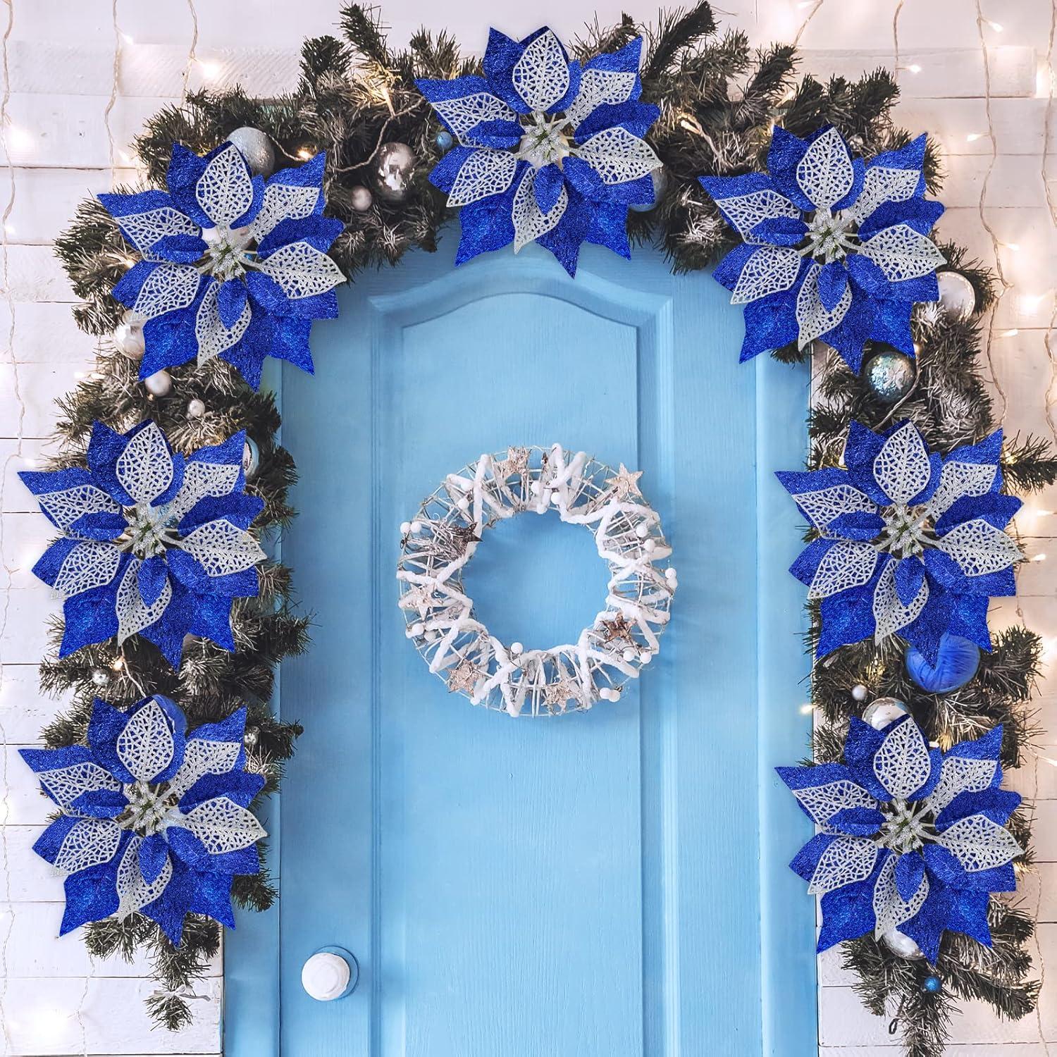 image14 Set 87quot Wide 4 Layers Christmas Blue Glitter Poinsettia Flowers Picks Christmas Tree Ornaments for Blue Christmas Tree Wreaths Garland Holiday Seasonal Festive Navidad Decoration Gift Box IncludedBlue