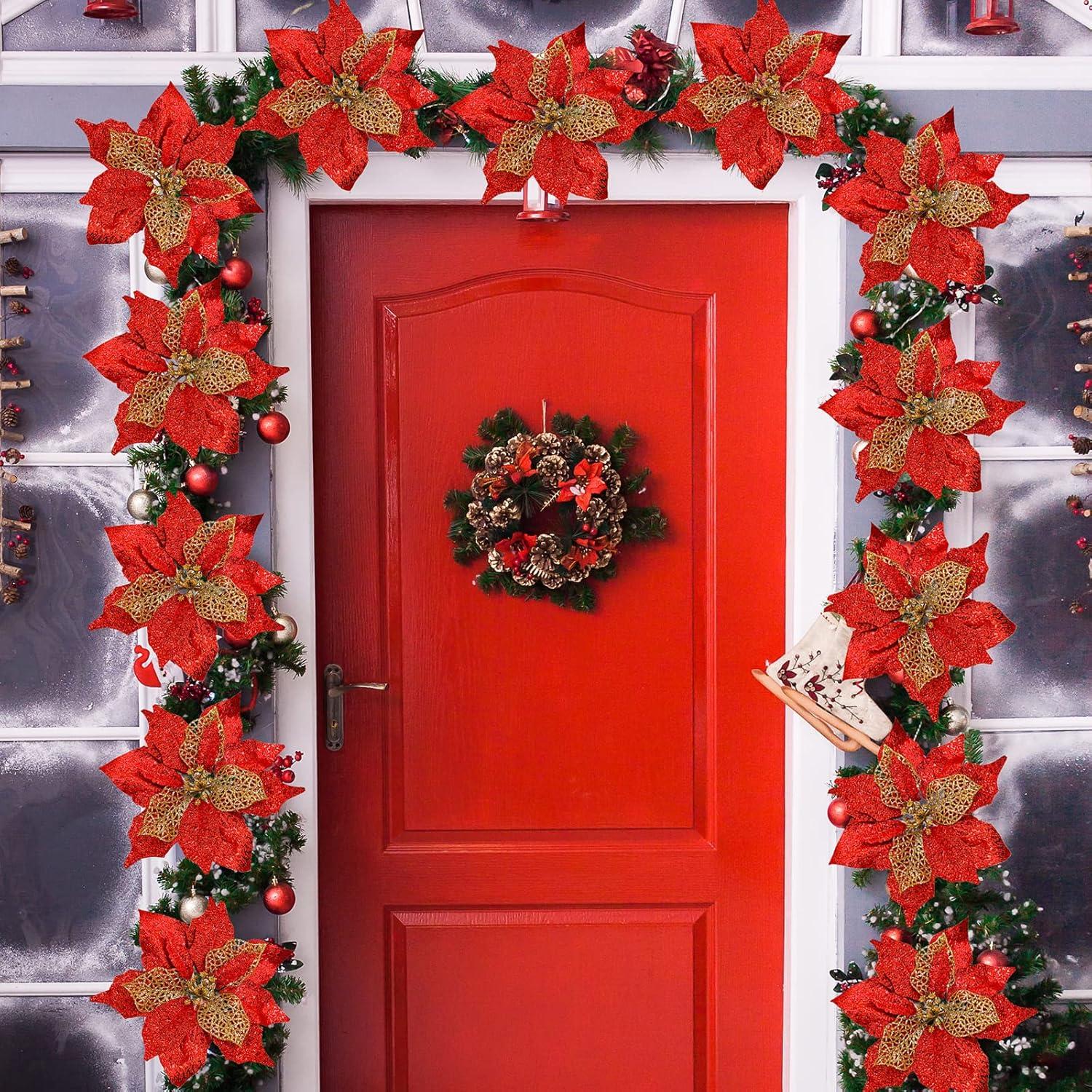 image20 Set 87quot Wide 3 Layers Christmas Red Glitter Poinsettia Flowers Picks Christmas Tree Ornaments for Red Christmas Tree Wreaths Garland Seasonal Holiday Navidad Wedding Decorations Gift Box IncludedRed