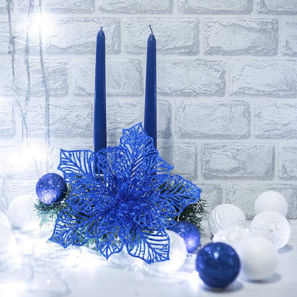 image24 Pcs Christmas Blue Glitter Mesh Holly Leaf Artificial Poinsettia Flowers Stems Tree Ornaments 66quot W for Blue Christmas Tree Wreath Garland Gift Floral Winter Wedding Holiday DecorationBlue