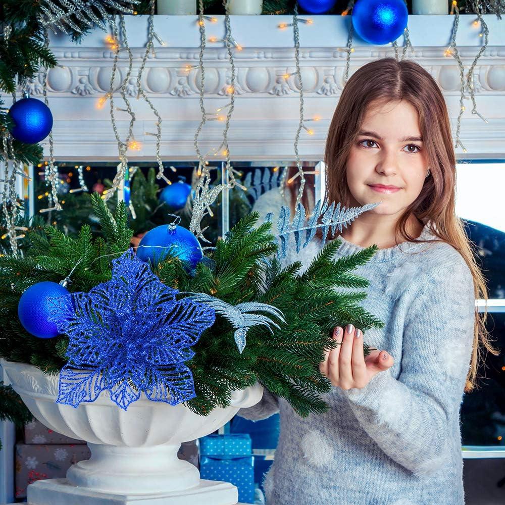 image24 Pcs Christmas Blue Glitter Mesh Holly Leaf Artificial Poinsettia Flowers Stems Tree Ornaments 66quot W for Blue Christmas Tree Wreath Garland Gift Floral Winter Wedding Holiday DecorationBlue