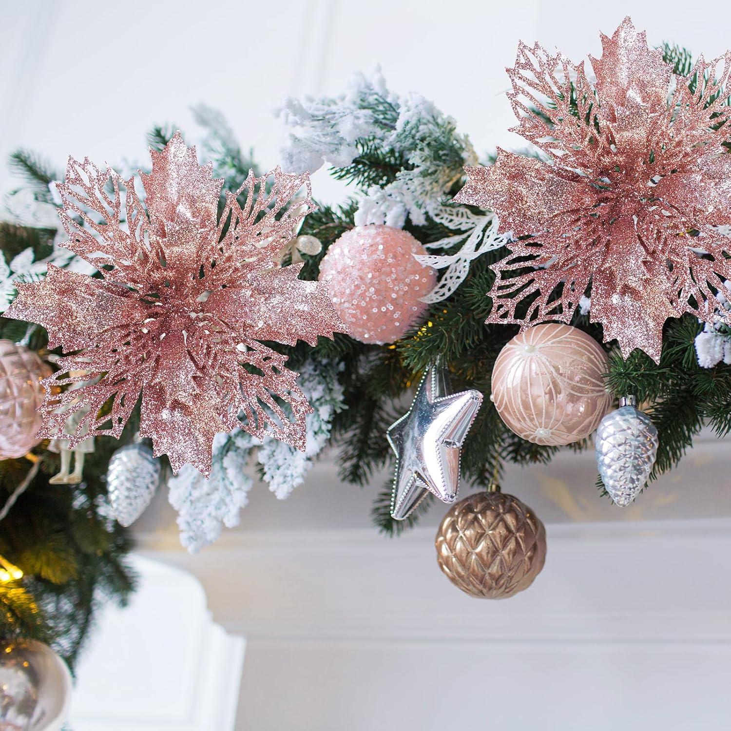 image24 Pcs Christmas Silver Glittered Mesh Holly Leaf Artificial Poinsettia Flowers Picks Tree Ornaments 59quot W for Silver Christmas Tree Wreath Garland Floral Gift Winter Wedding Holiday DecorationRose Gold