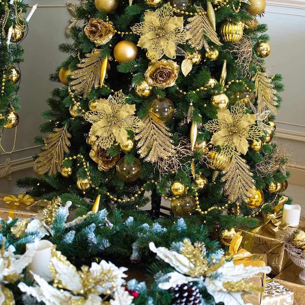 image24 Pcs Christmas Silver Glittered Mesh Holly Leaf Artificial Poinsettia Flowers Picks Tree Ornaments 59quot W for Silver Christmas Tree Wreath Garland Floral Gift Winter Wedding Holiday DecorationGold