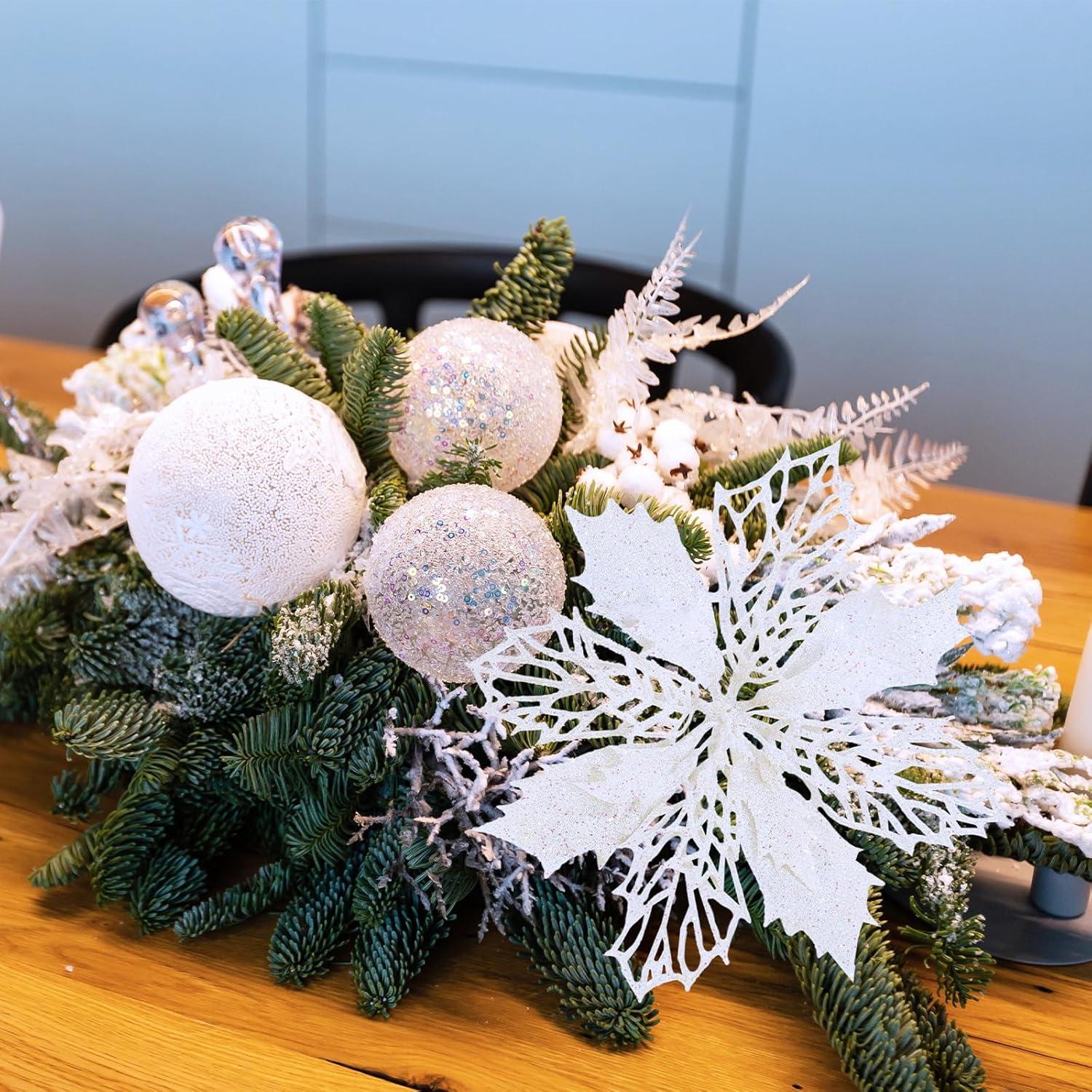 image24 Pcs Christmas Silver Glittered Mesh Holly Leaf Artificial Poinsettia Flowers Picks Tree Ornaments 59quot W for Silver Christmas Tree Wreath Garland Floral Gift Winter Wedding Holiday DecorationWhite