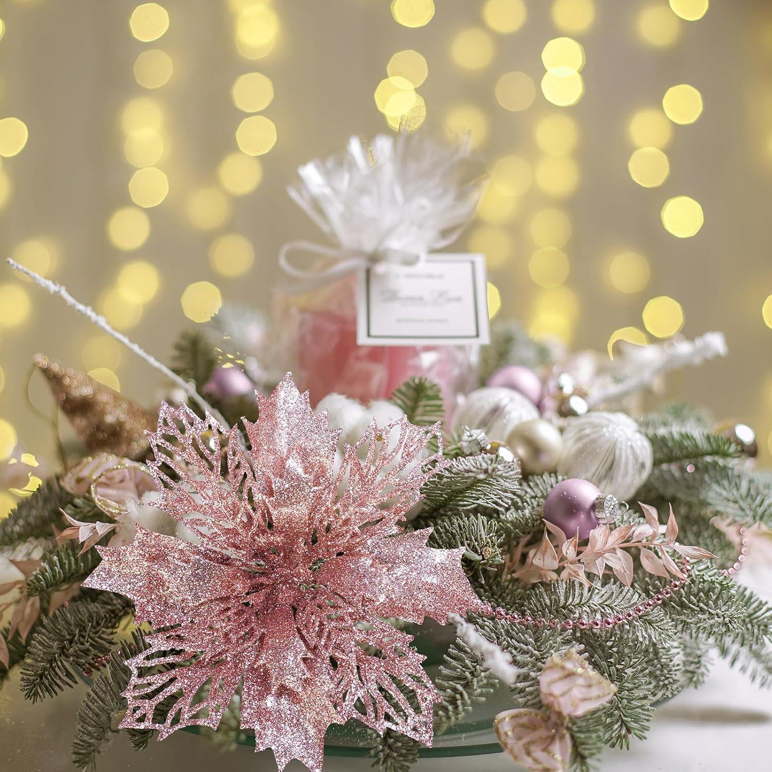 image24 Pcs Christmas Silver Glittered Mesh Holly Leaf Artificial Poinsettia Flowers Picks Tree Ornaments 59quot W for Silver Christmas Tree Wreath Garland Floral Gift Winter Wedding Holiday DecorationRose Gold