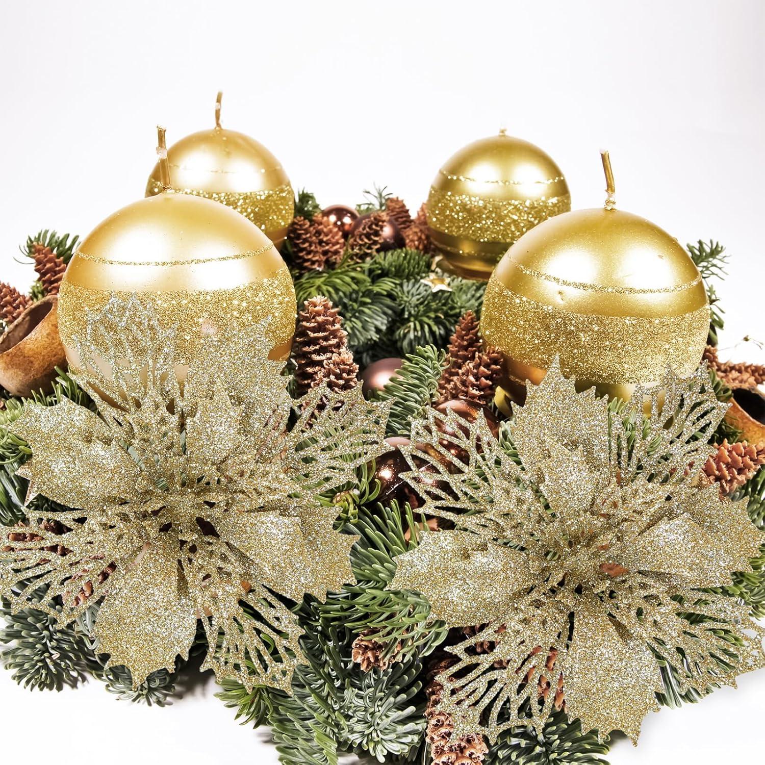 image24 Pcs Christmas Silver Glittered Mesh Holly Leaf Artificial Poinsettia Flowers Picks Tree Ornaments 59quot W for Silver Christmas Tree Wreath Garland Floral Gift Winter Wedding Holiday DecorationChampagne