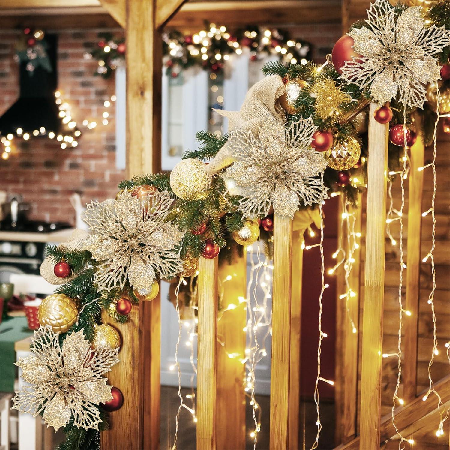 image24 Pcs Christmas Silver Glittered Mesh Holly Leaf Artificial Poinsettia Flowers Picks Tree Ornaments 59quot W for Silver Christmas Tree Wreath Garland Floral Gift Winter Wedding Holiday DecorationChampagne