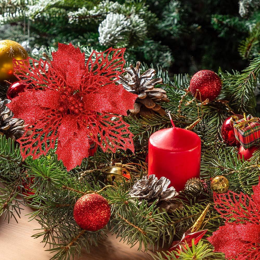 image24 Pcs Christmas Silver Glittered Mesh Holly Leaf Artificial Poinsettia Flowers Picks Tree Ornaments 59quot W for Silver Christmas Tree Wreath Garland Floral Gift Winter Wedding Holiday DecorationRed