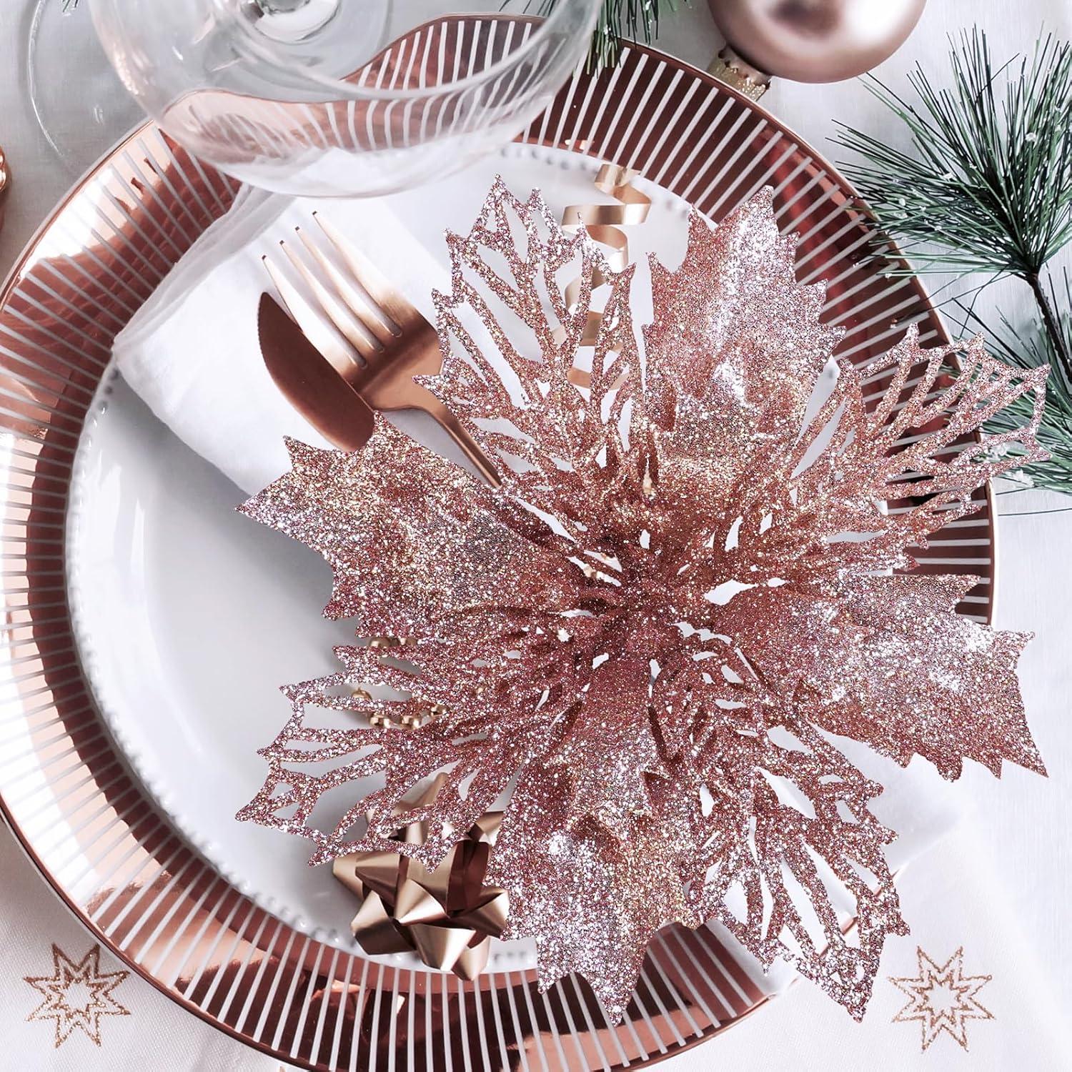 image24 Pcs Christmas Silver Glittered Mesh Holly Leaf Artificial Poinsettia Flowers Picks Tree Ornaments 59quot W for Silver Christmas Tree Wreath Garland Floral Gift Winter Wedding Holiday DecorationRose Gold