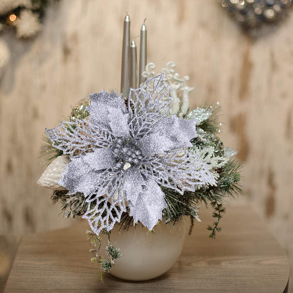 image24 Pcs Christmas Silver Glittered Mesh Holly Leaf Artificial Poinsettia Flowers Picks Tree Ornaments 59quot W for Silver Christmas Tree Wreath Garland Floral Gift Winter Wedding Holiday DecorationSilver
