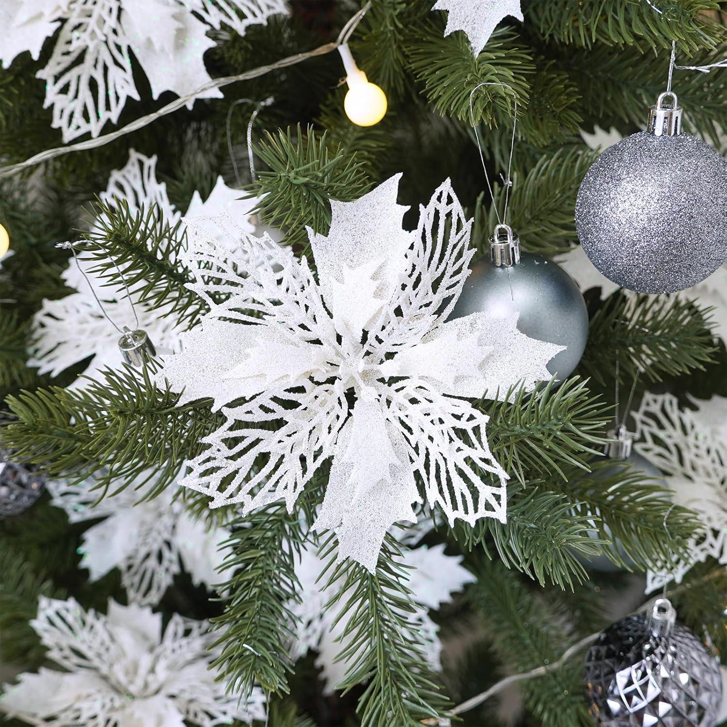 image24 Pcs Christmas Silver Glittered Mesh Holly Leaf Artificial Poinsettia Flowers Picks Tree Ornaments 59quot W for Silver Christmas Tree Wreath Garland Floral Gift Winter Wedding Holiday DecorationWhite