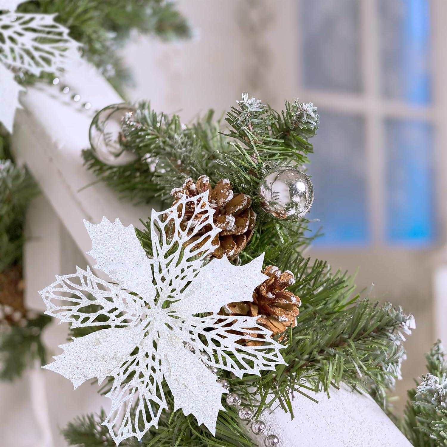 image24 Pcs Christmas Silver Glittered Mesh Holly Leaf Artificial Poinsettia Flowers Picks Tree Ornaments 59quot W for Silver Christmas Tree Wreath Garland Floral Gift Winter Wedding Holiday DecorationWhite