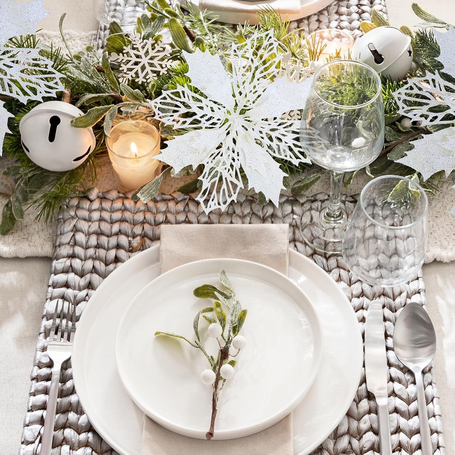 image24 Pcs Christmas Silver Glittered Mesh Holly Leaf Artificial Poinsettia Flowers Picks Tree Ornaments 59quot W for Silver Christmas Tree Wreath Garland Floral Gift Winter Wedding Holiday DecorationWhite