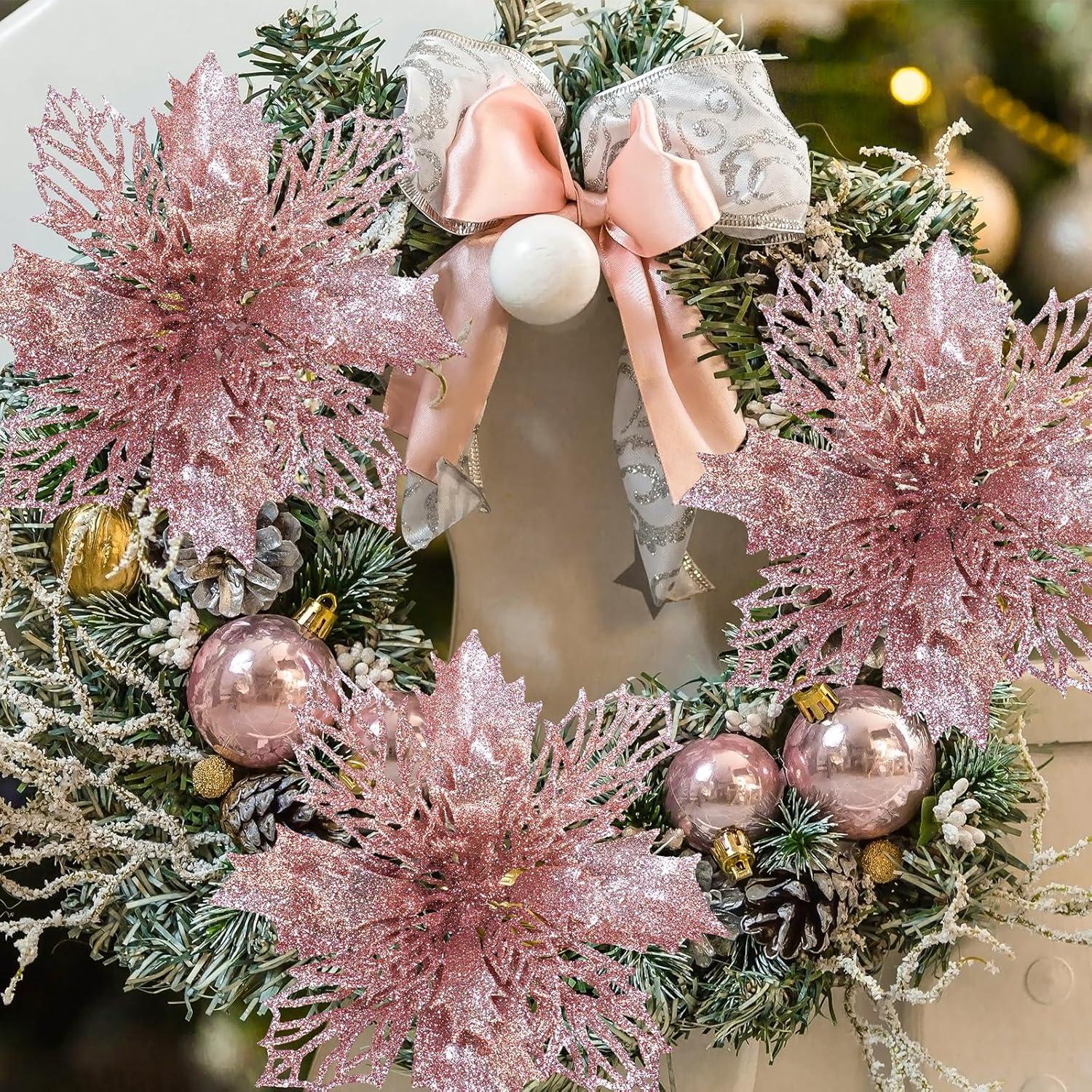 image24 Pcs Christmas Silver Glittered Mesh Holly Leaf Artificial Poinsettia Flowers Picks Tree Ornaments 59quot W for Silver Christmas Tree Wreath Garland Floral Gift Winter Wedding Holiday DecorationRose Gold