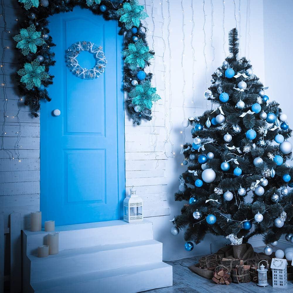 image24 Pcs Christmas Silver Glittered Mesh Holly Leaf Artificial Poinsettia Flowers Picks Tree Ornaments 59quot W for Silver Christmas Tree Wreath Garland Floral Gift Winter Wedding Holiday DecorationTeal Blue