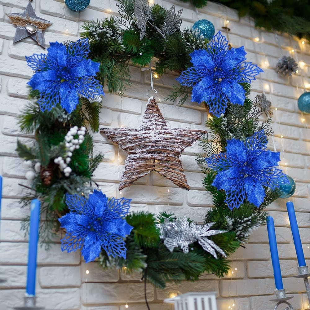 image24 Pcs Christmas Silver Glittered Mesh Holly Leaf Artificial Poinsettia Flowers Picks Tree Ornaments 59quot W for Silver Christmas Tree Wreath Garland Floral Gift Winter Wedding Holiday DecorationBlue