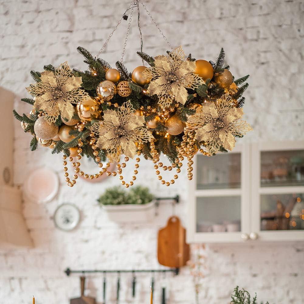 image24 Pcs Christmas Silver Glittered Mesh Holly Leaf Artificial Poinsettia Flowers Picks Tree Ornaments 59quot W for Silver Christmas Tree Wreath Garland Floral Gift Winter Wedding Holiday DecorationGold