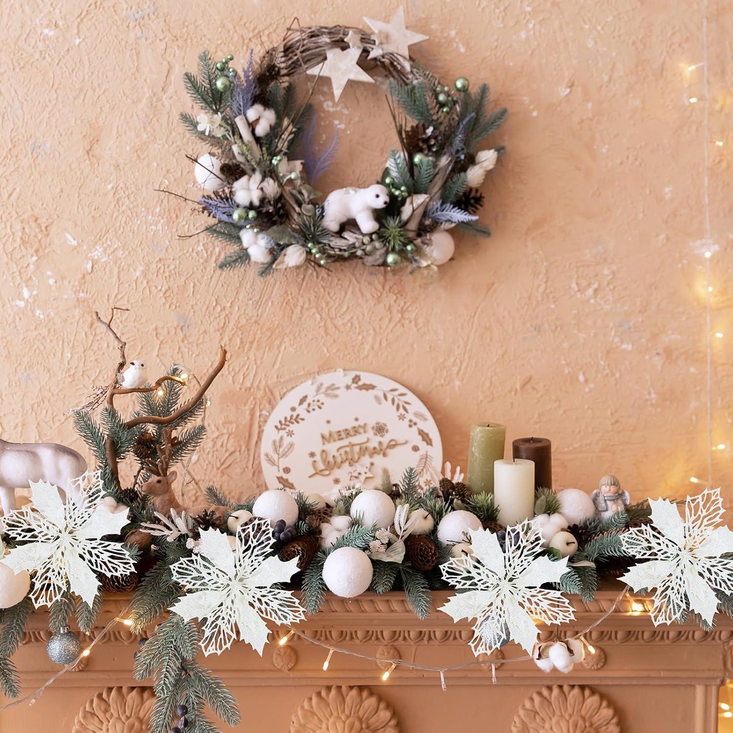 image24 Pcs Christmas Silver Glittered Mesh Holly Leaf Artificial Poinsettia Flowers Picks Tree Ornaments 59quot W for Silver Christmas Tree Wreath Garland Floral Gift Winter Wedding Holiday DecorationWhite