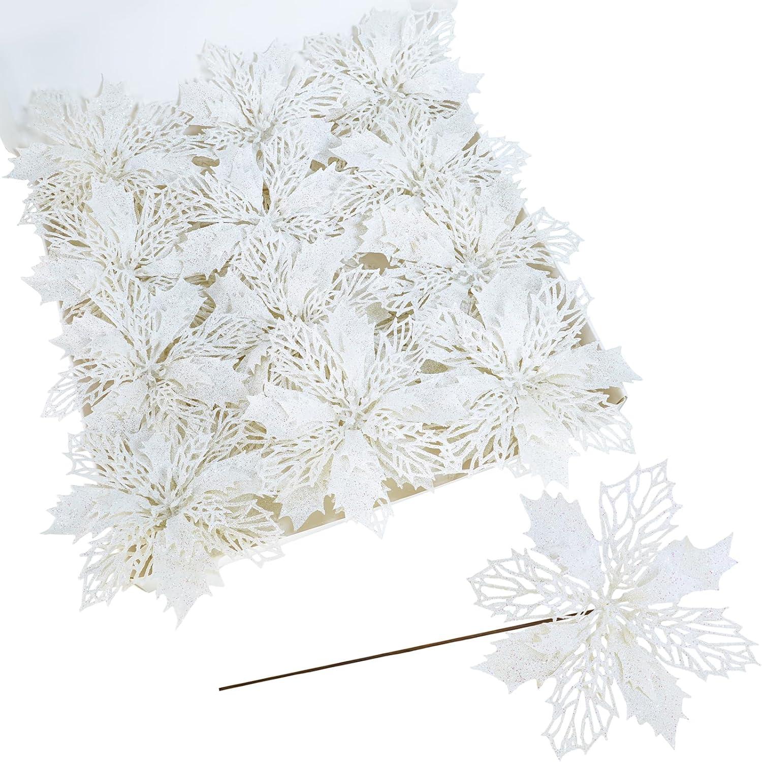 image24 Pcs Christmas Silver Glittered Mesh Holly Leaf Artificial Poinsettia Flowers Picks Tree Ornaments 59quot W for Silver Christmas Tree Wreath Garland Floral Gift Winter Wedding Holiday DecorationWhite