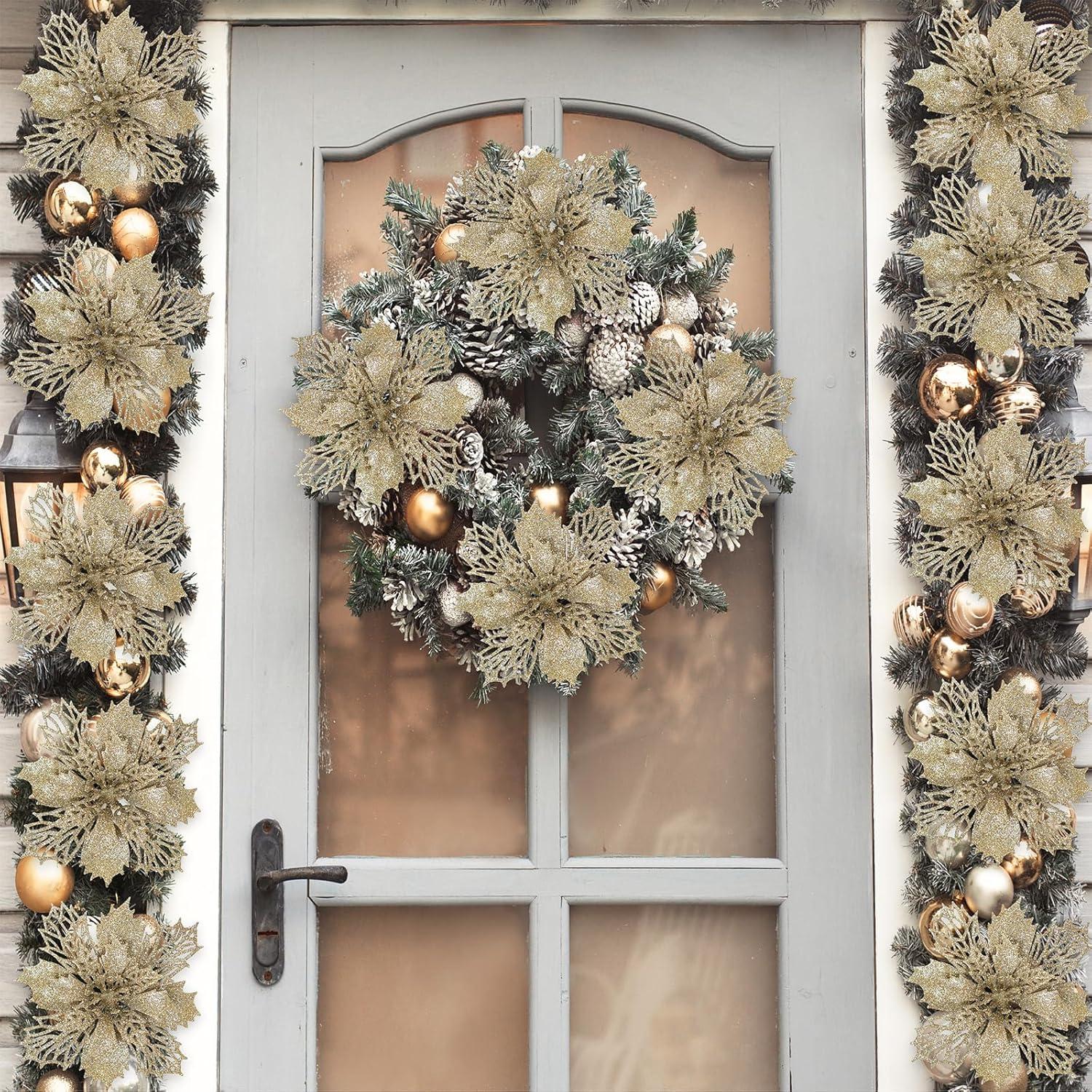 image24 Pcs Christmas Silver Glittered Mesh Holly Leaf Artificial Poinsettia Flowers Picks Tree Ornaments 59quot W for Silver Christmas Tree Wreath Garland Floral Gift Winter Wedding Holiday DecorationChampagne