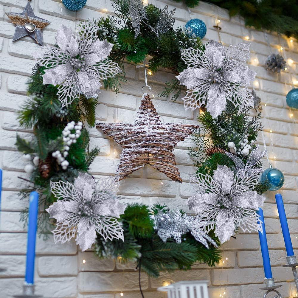 image24 Pcs Christmas Silver Glittered Mesh Holly Leaf Artificial Poinsettia Flowers Picks Tree Ornaments 59quot W for Silver Christmas Tree Wreath Garland Floral Gift Winter Wedding Holiday DecorationSilver