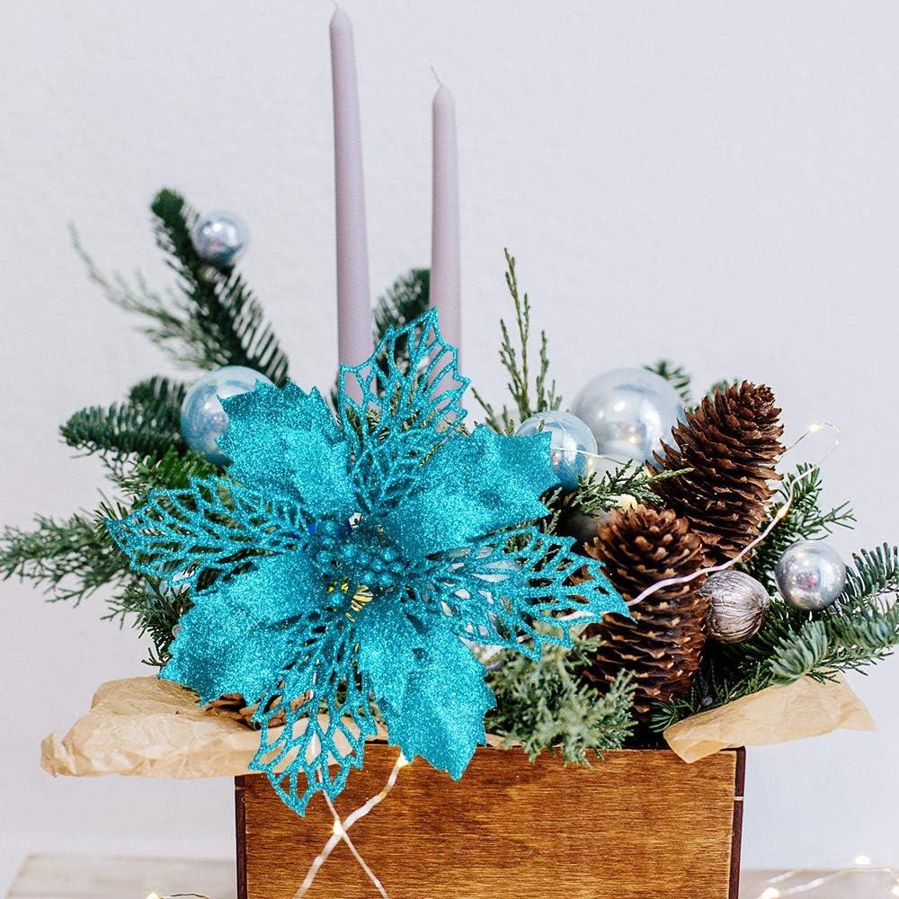 image24 Pcs Christmas Silver Glittered Mesh Holly Leaf Artificial Poinsettia Flowers Picks Tree Ornaments 59quot W for Silver Christmas Tree Wreath Garland Floral Gift Winter Wedding Holiday DecorationTeal Blue