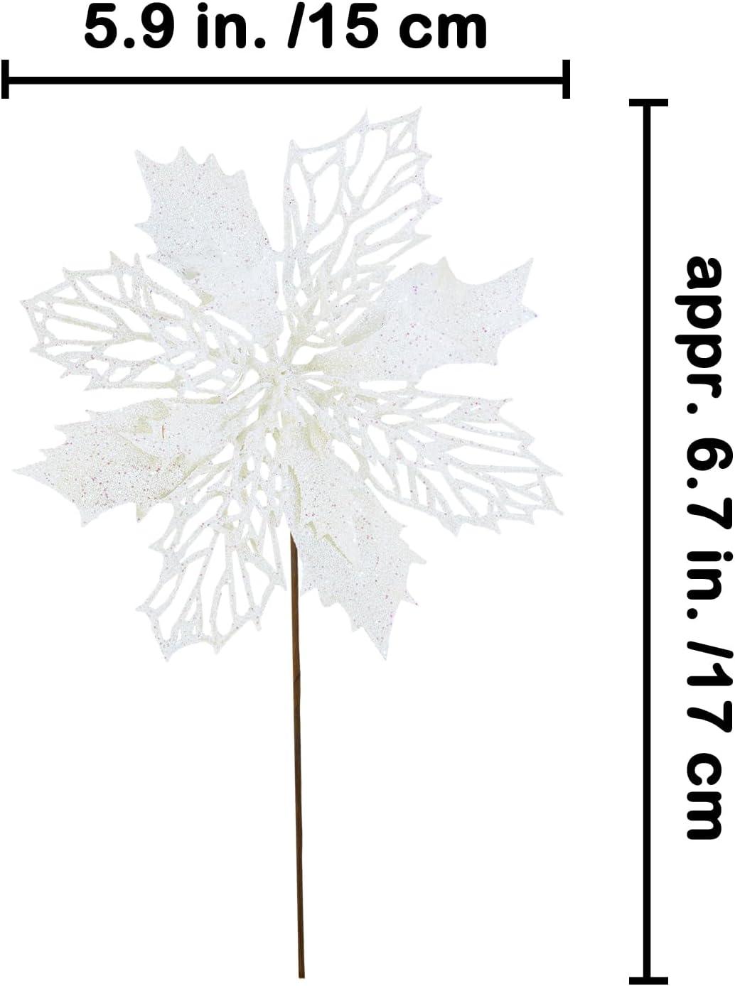 image24 Pcs Christmas Silver Glittered Mesh Holly Leaf Artificial Poinsettia Flowers Picks Tree Ornaments 59quot W for Silver Christmas Tree Wreath Garland Floral Gift Winter Wedding Holiday DecorationWhite