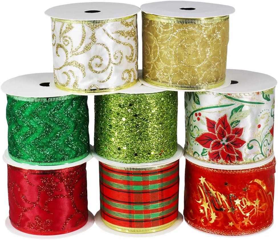 image48 Yards Assorted Christmas Ribbons Plaid Bow Wired Mesh Glitter Tulle Organza 25quot Wide For Wreaths Garlands