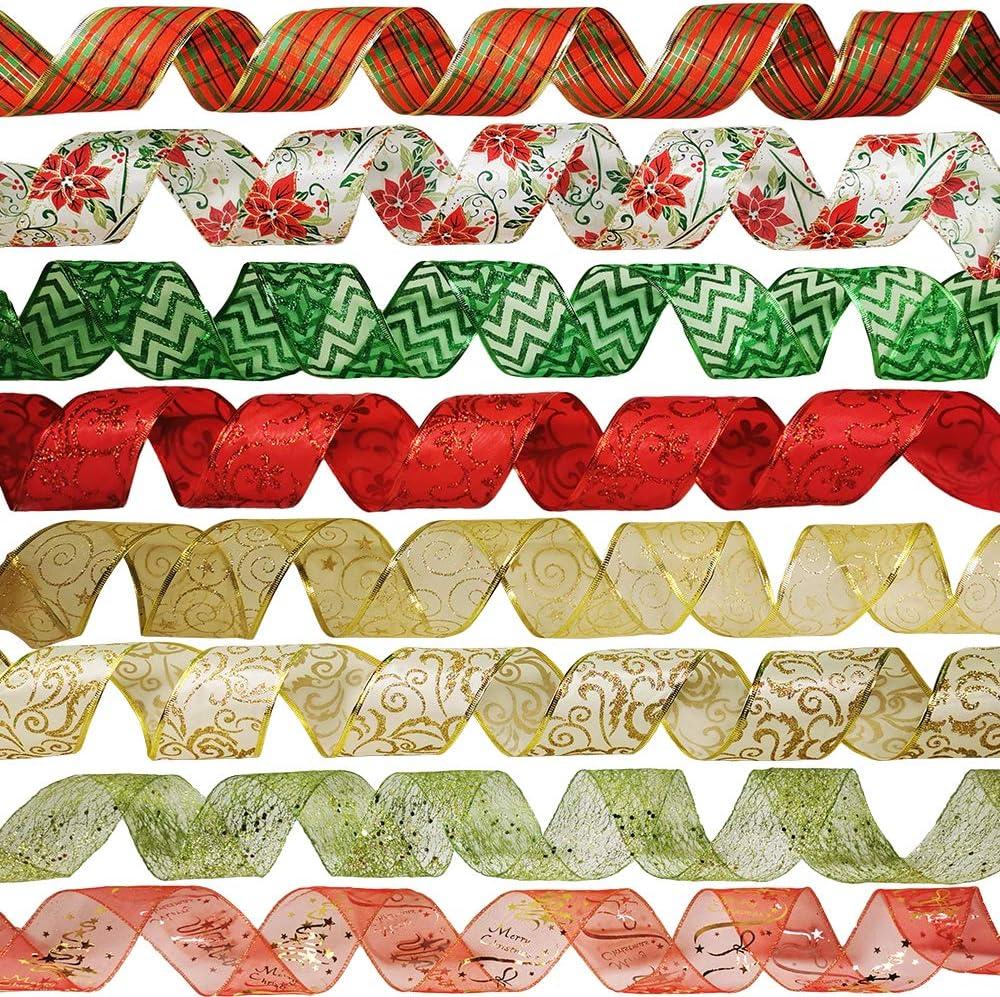 image48 Yards Assorted Christmas Ribbons Plaid Bow Wired Mesh Glitter Tulle Organza 25quot Wide For Wreaths Garlands