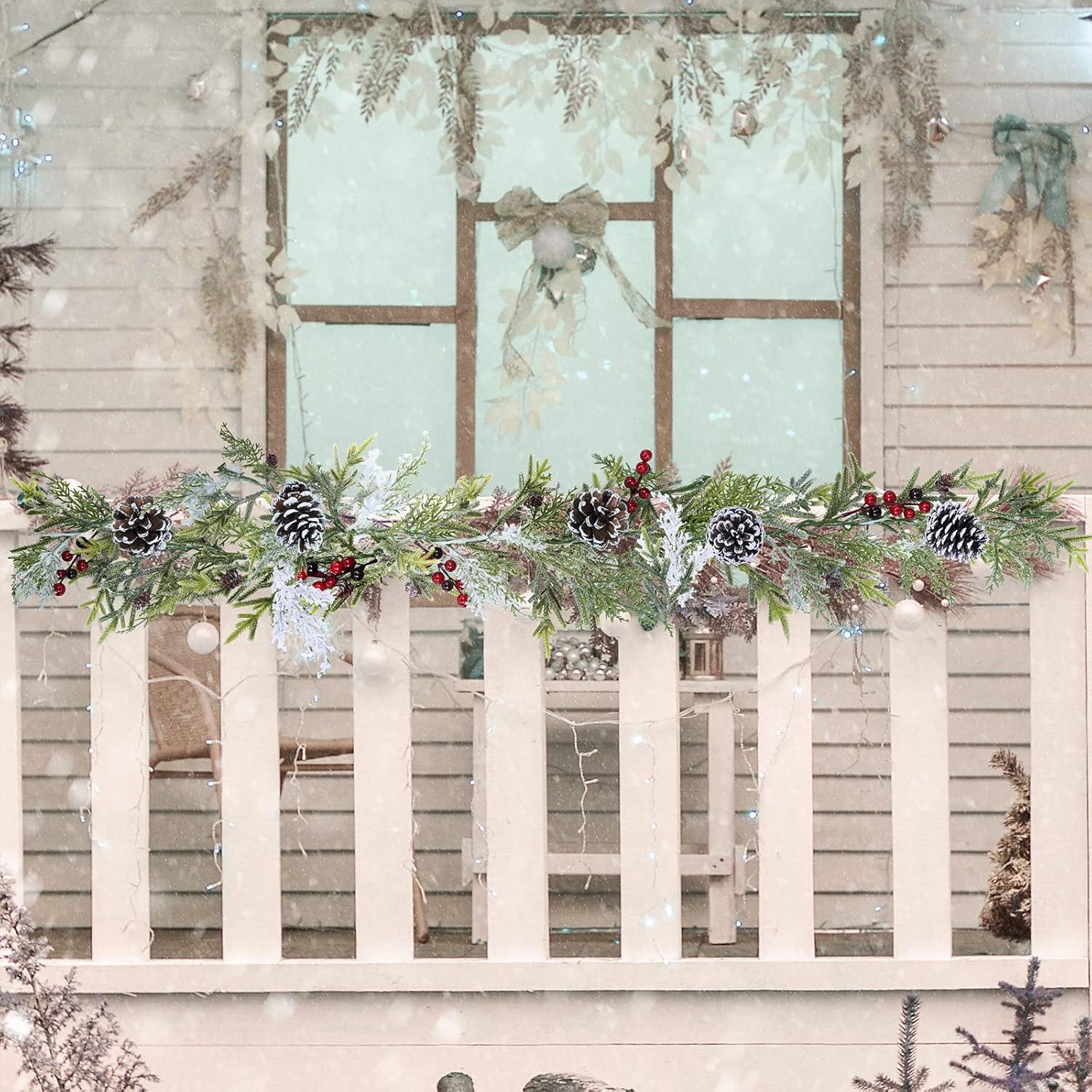 image6 Long Snowy Artificial Pine and Cedar Christmas Garland with Pine Cones Red Berries Winter Greenery Garland for Christmas Wedding Winter Seasonal Holiday Table Runner Centerpiece Mantel Decoration