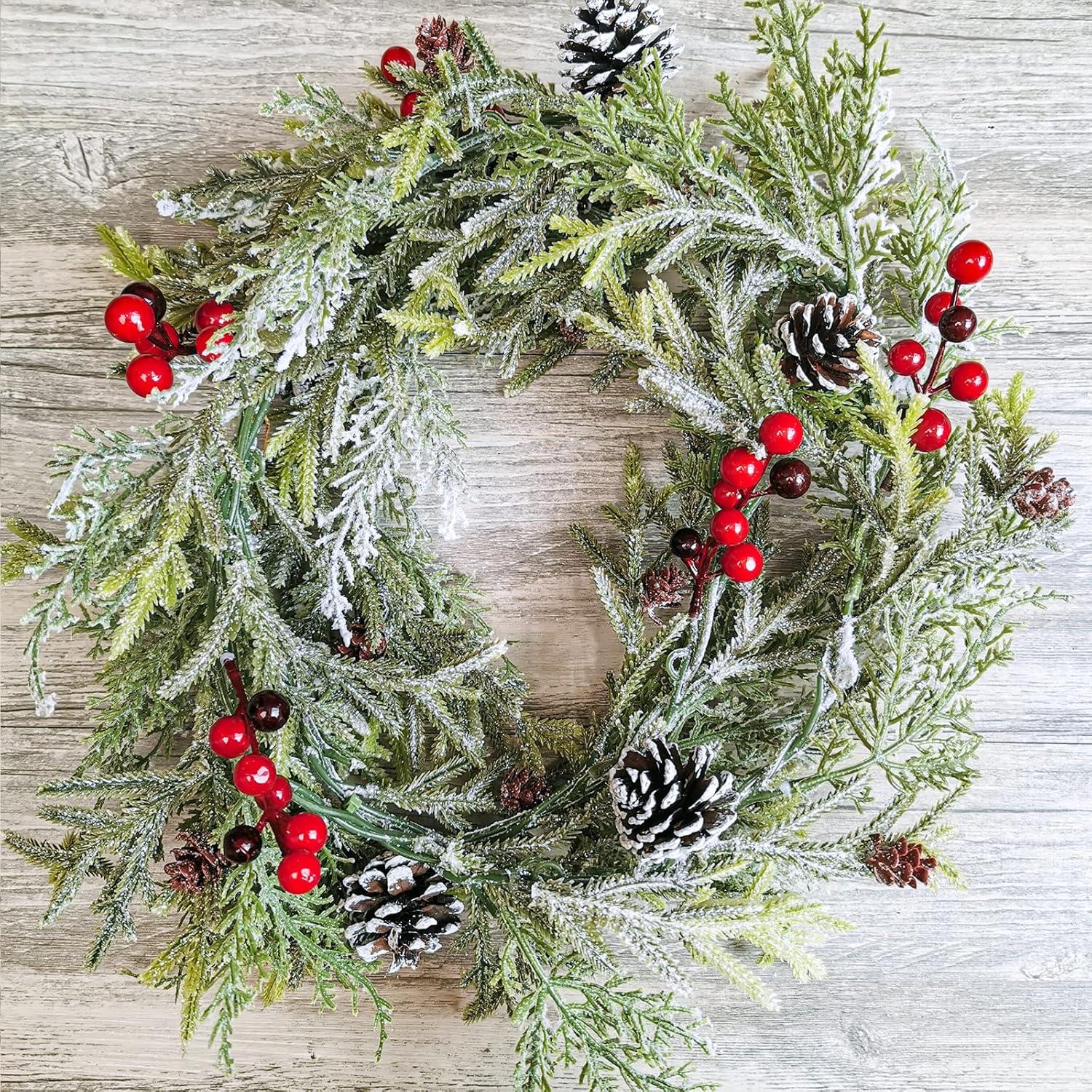 image6 Long Snowy Artificial Pine and Cedar Christmas Garland with Pine Cones Red Berries Winter Greenery Garland for Christmas Wedding Winter Seasonal Holiday Table Runner Centerpiece Mantel Decoration