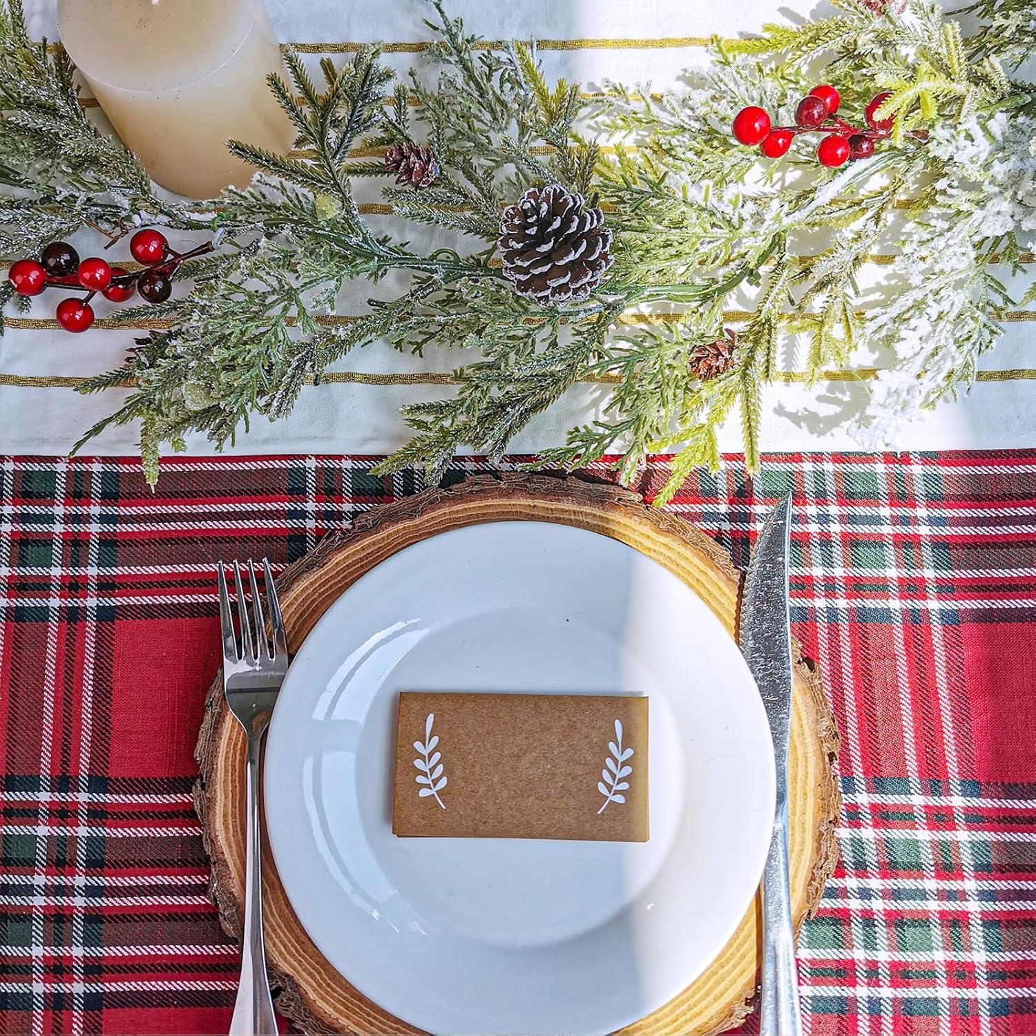 image6 Long Snowy Artificial Pine and Cedar Christmas Garland with Pine Cones Red Berries Winter Greenery Garland for Christmas Wedding Winter Seasonal Holiday Table Runner Centerpiece Mantel Decoration