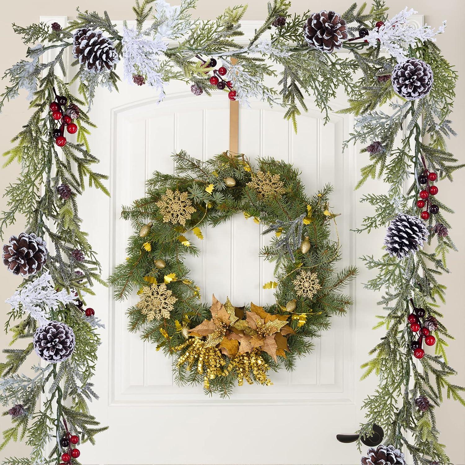 image6 Long Snowy Artificial Pine and Cedar Christmas Garland with Pine Cones Red Berries Winter Greenery Garland for Christmas Wedding Winter Seasonal Holiday Table Runner Centerpiece Mantel Decoration