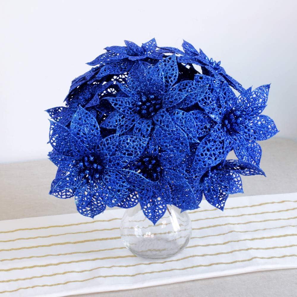 imageSupla 24 Pack Christmas Red Glitter Poinsettia Flowers Picks Christmas Tree Ornaments 59quot Wide for Red Christmas Tree Wreaths Garland Holiday Seasonal Wedding Decorations White Gift Box IncludedBlue