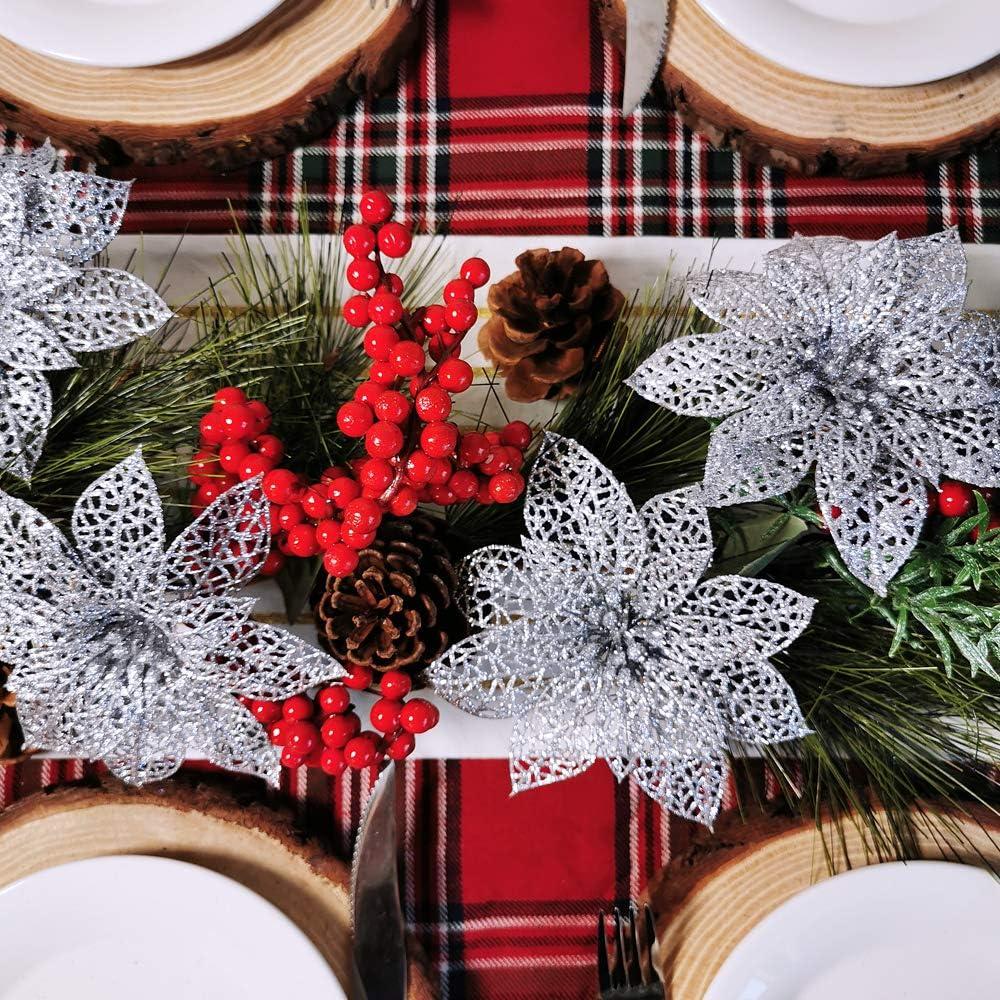 imageSupla 24 Pack Christmas Red Glitter Poinsettia Flowers Picks Christmas Tree Ornaments 59quot Wide for Red Christmas Tree Wreaths Garland Holiday Seasonal Wedding Decorations White Gift Box IncludedSilver