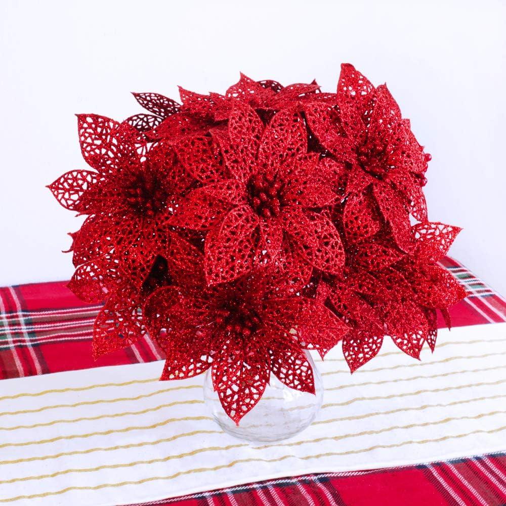 imageSupla 24 Pack Christmas Red Glitter Poinsettia Flowers Picks Christmas Tree Ornaments 59quot Wide for Red Christmas Tree Wreaths Garland Holiday Seasonal Wedding Decorations White Gift Box IncludedRed