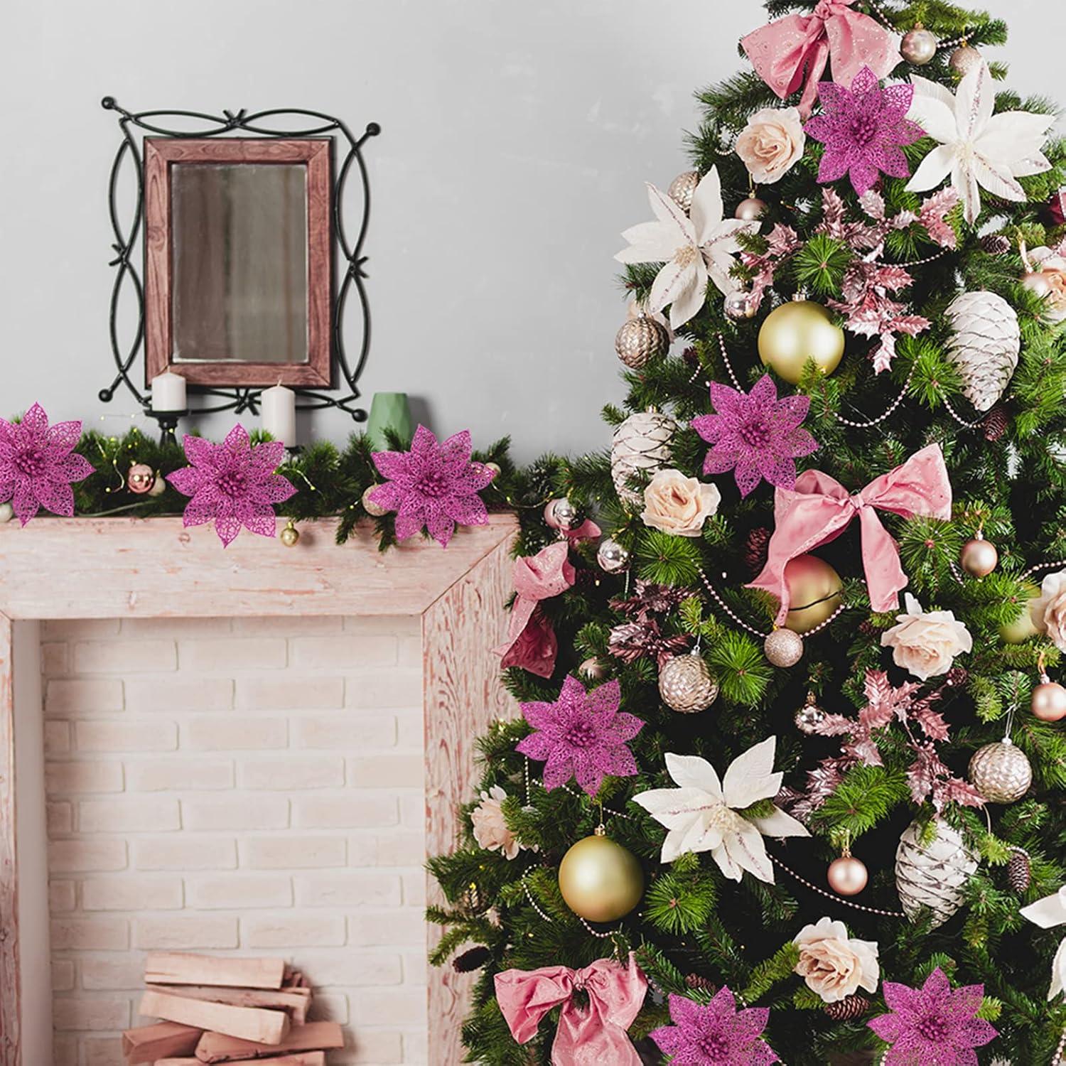 imageSupla 24 Pack Christmas Red Glitter Poinsettia Flowers Picks Christmas Tree Ornaments 59quot Wide for Red Christmas Tree Wreaths Garland Holiday Seasonal Wedding Decorations White Gift Box IncludedPink