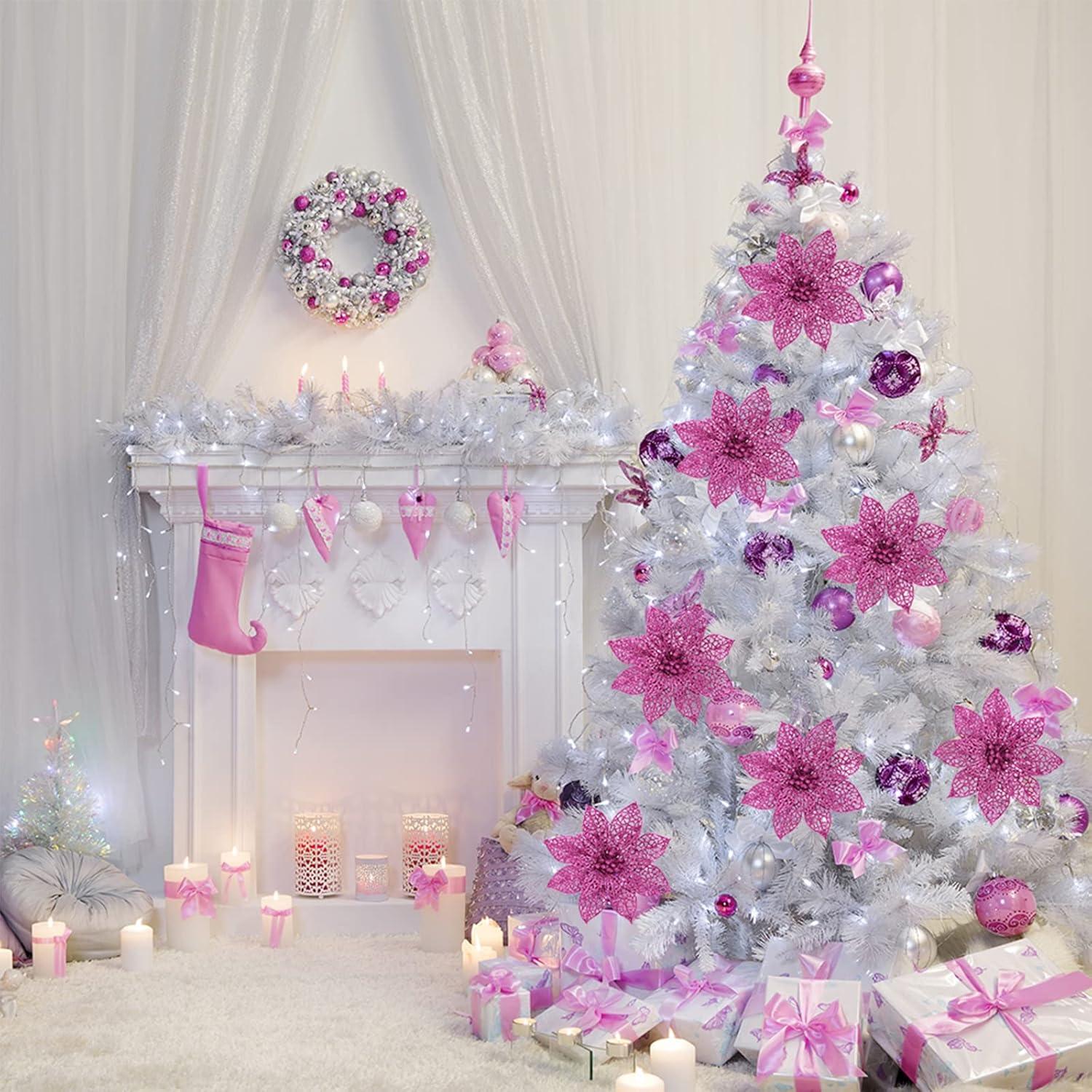 imageSupla 24 Pack Christmas Red Glitter Poinsettia Flowers Picks Christmas Tree Ornaments 59quot Wide for Red Christmas Tree Wreaths Garland Holiday Seasonal Wedding Decorations White Gift Box IncludedPink