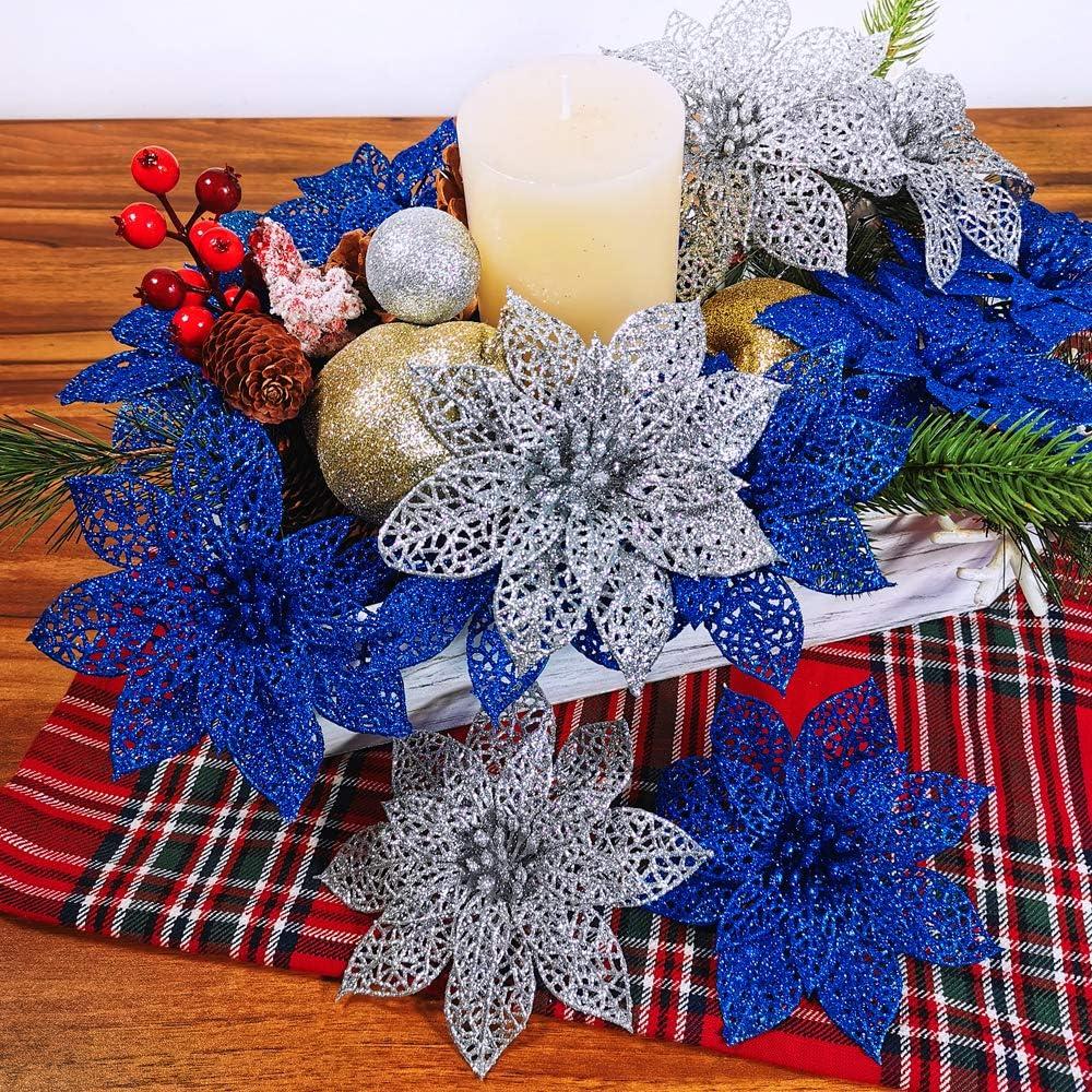 imageSupla 24 Pack Christmas Red Glitter Poinsettia Flowers Picks Christmas Tree Ornaments 59quot Wide for Red Christmas Tree Wreaths Garland Holiday Seasonal Wedding Decorations White Gift Box IncludedSilver