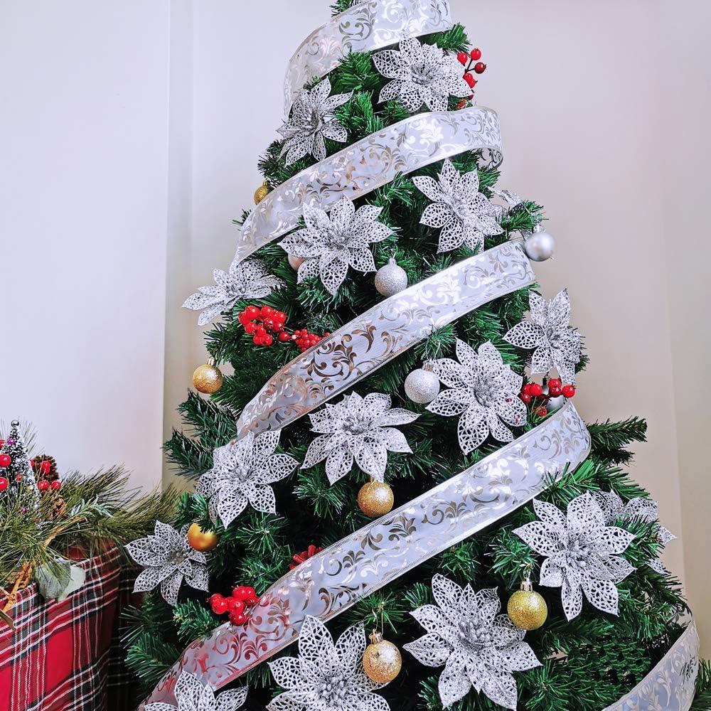 imageSupla 24 Pack Christmas Red Glitter Poinsettia Flowers Picks Christmas Tree Ornaments 59quot Wide for Red Christmas Tree Wreaths Garland Holiday Seasonal Wedding Decorations White Gift Box IncludedSilver