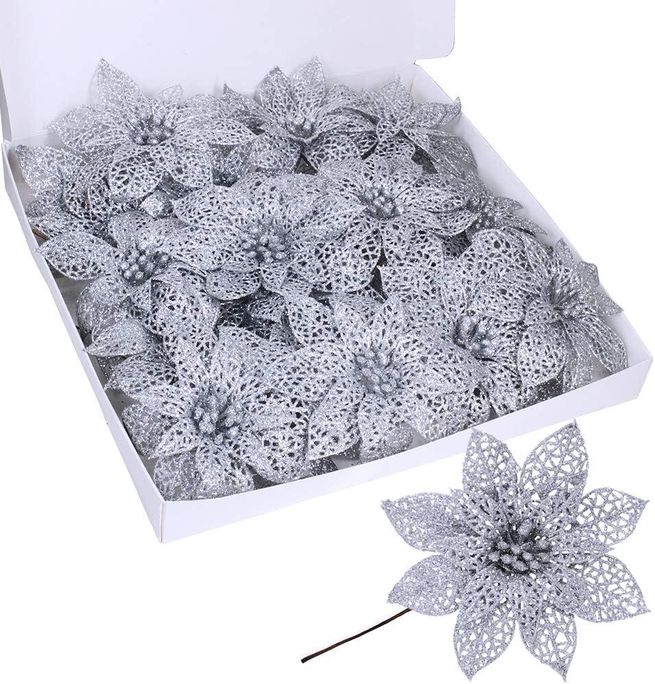 imageSupla 24 Pack Christmas Red Glitter Poinsettia Flowers Picks Christmas Tree Ornaments 59quot Wide for Red Christmas Tree Wreaths Garland Holiday Seasonal Wedding Decorations White Gift Box IncludedSilver