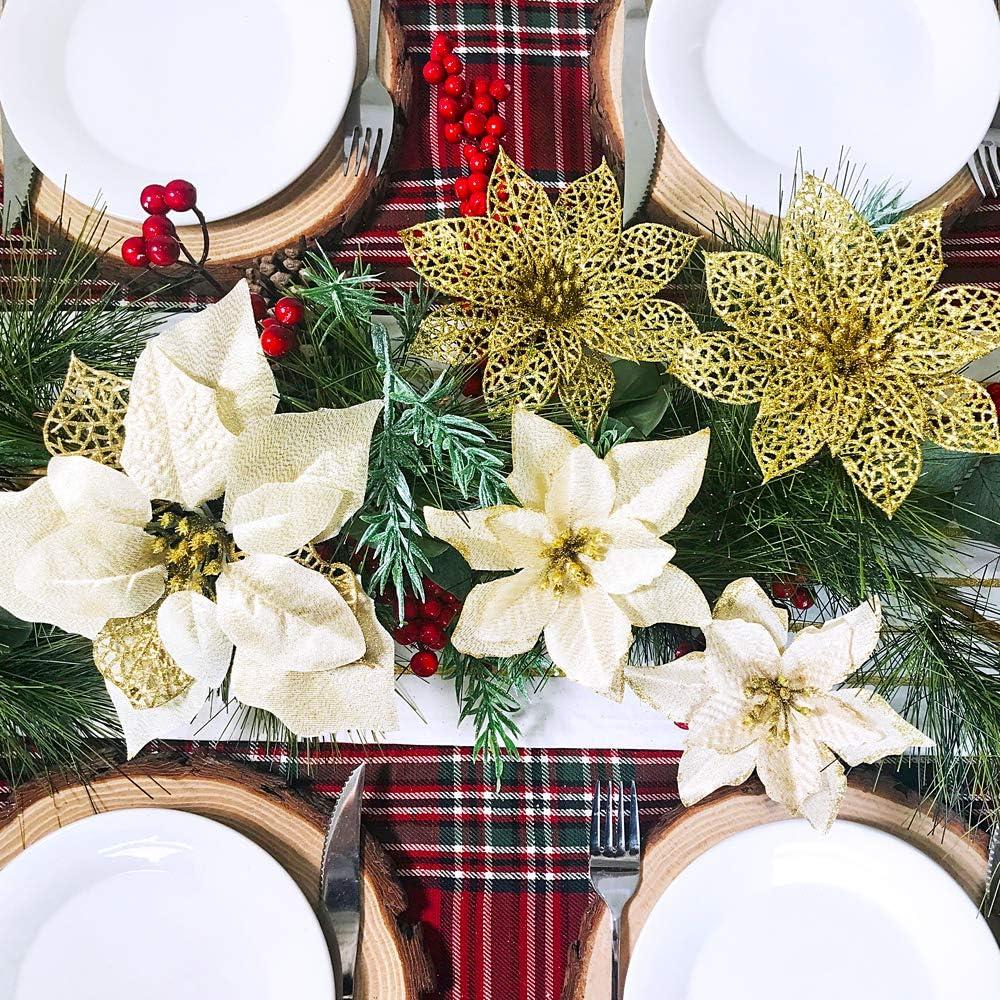 imageSupla 24 Pack Christmas Red Glitter Poinsettia Flowers Picks Christmas Tree Ornaments 59quot Wide for Red Christmas Tree Wreaths Garland Holiday Seasonal Wedding Decorations White Gift Box IncludedGold