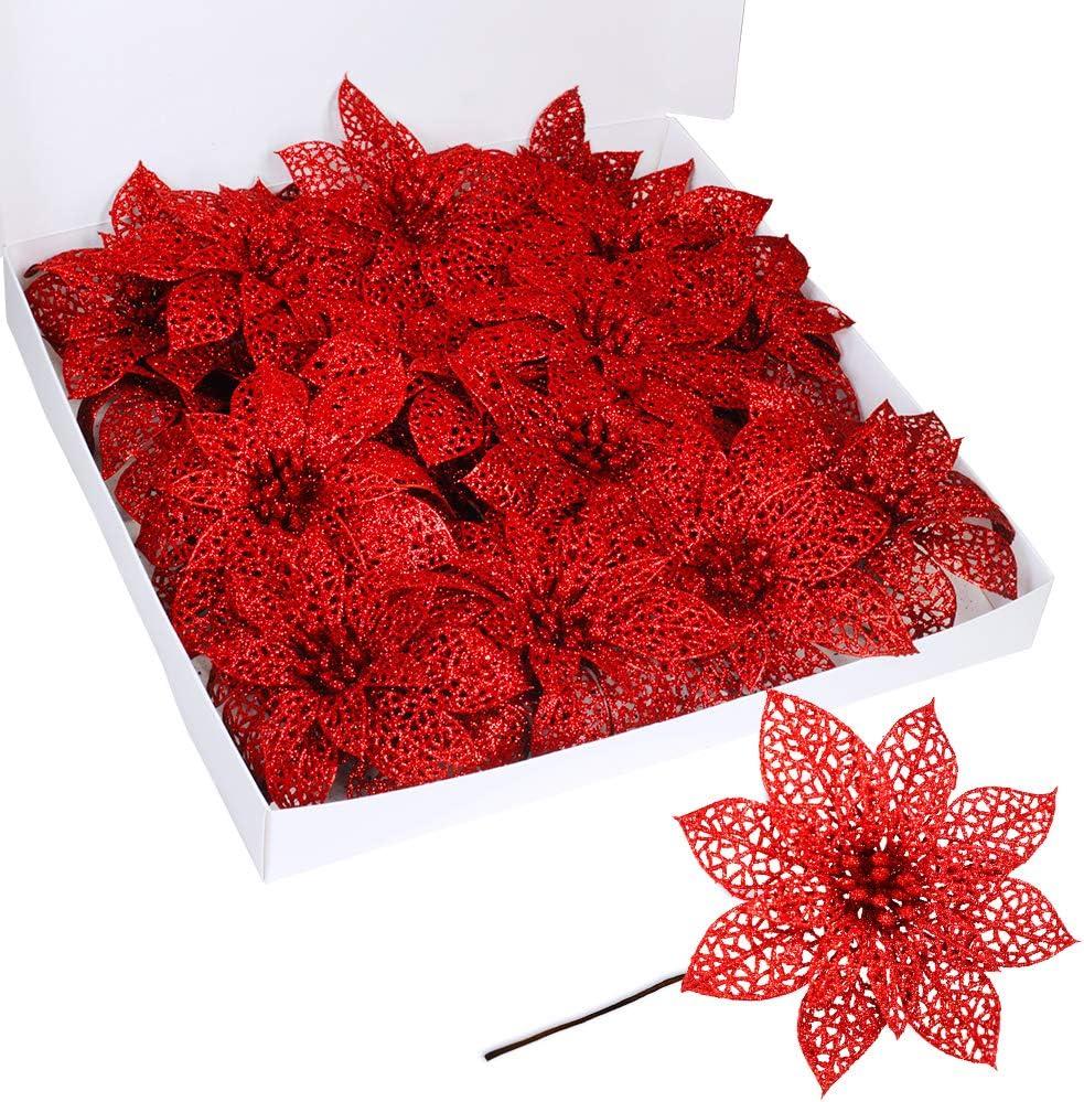 imageSupla 24 Pack Christmas Red Glitter Poinsettia Flowers Picks Christmas Tree Ornaments 59quot Wide for Red Christmas Tree Wreaths Garland Holiday Seasonal Wedding Decorations White Gift Box IncludedRed