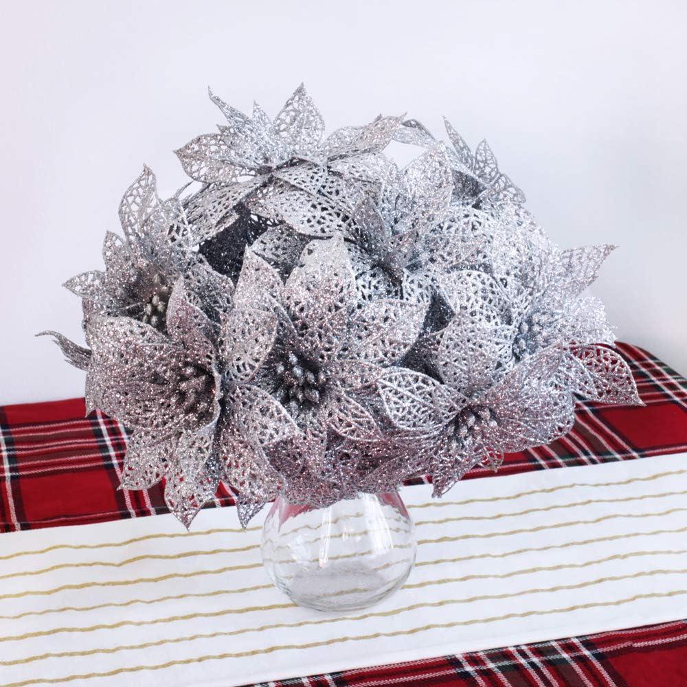 imageSupla 24 Pack Christmas Red Glitter Poinsettia Flowers Picks Christmas Tree Ornaments 59quot Wide for Red Christmas Tree Wreaths Garland Holiday Seasonal Wedding Decorations White Gift Box IncludedSilver