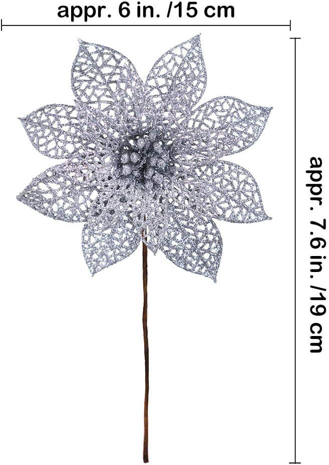 imageSupla 24 Pack Christmas Red Glitter Poinsettia Flowers Picks Christmas Tree Ornaments 59quot Wide for Red Christmas Tree Wreaths Garland Holiday Seasonal Wedding Decorations White Gift Box IncludedSilver