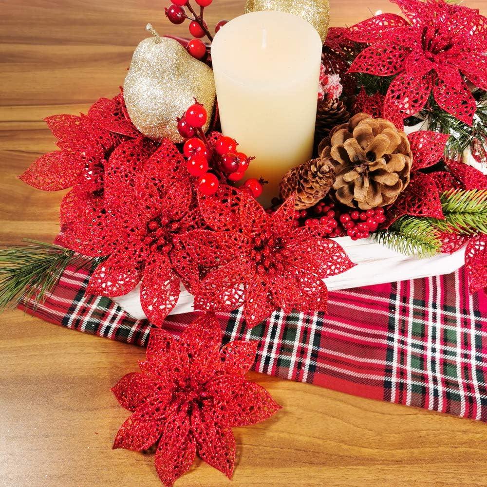 imageSupla 24 Pack Christmas Red Glitter Poinsettia Flowers Picks Christmas Tree Ornaments 59quot Wide for Red Christmas Tree Wreaths Garland Holiday Seasonal Wedding Decorations White Gift Box IncludedRed