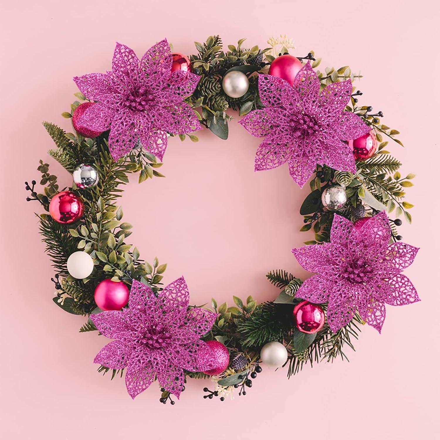 imageSupla 24 Pack Christmas Red Glitter Poinsettia Flowers Picks Christmas Tree Ornaments 59quot Wide for Red Christmas Tree Wreaths Garland Holiday Seasonal Wedding Decorations White Gift Box IncludedPink