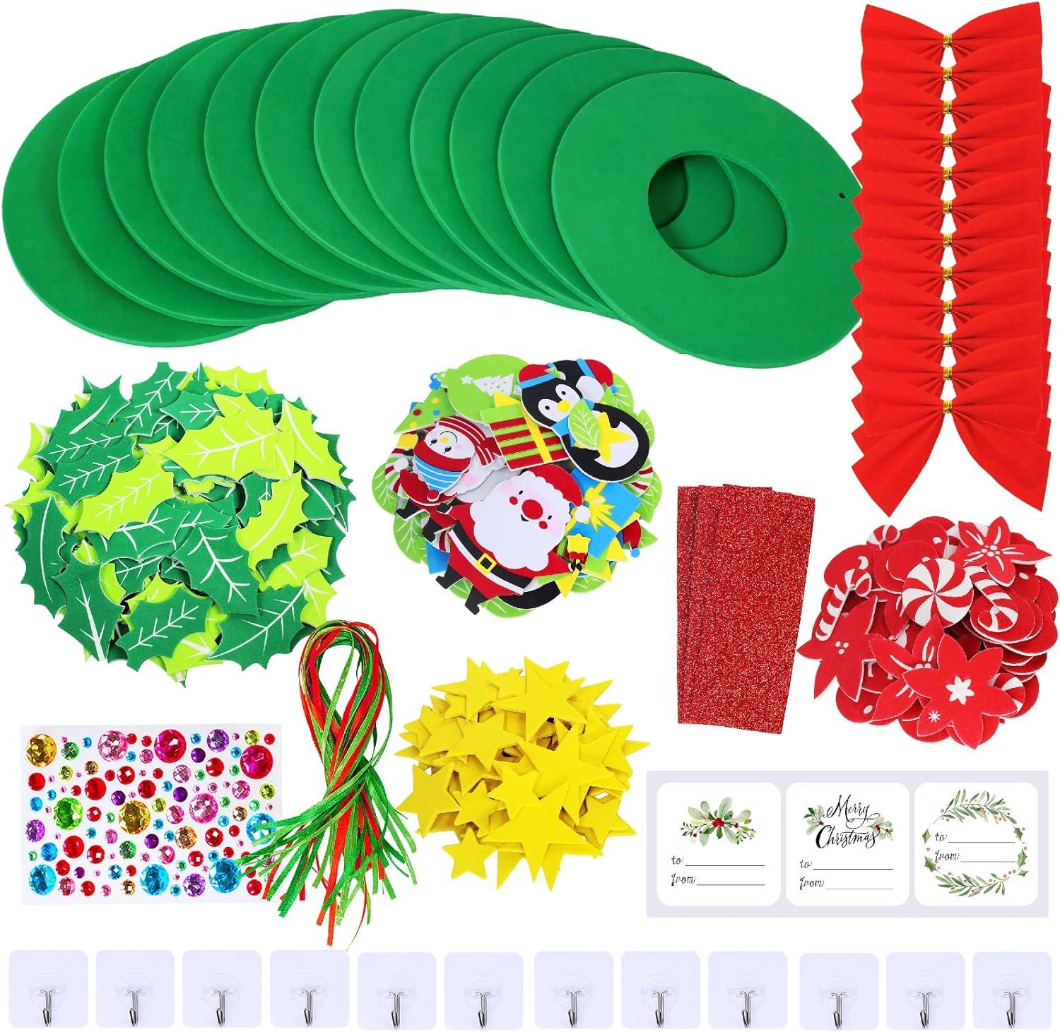 imageWinlyn 12 Set Christmas Craft Kits DIY Christmas Wreath Ornaments Decorations Art Sets Snowman Santa Penguin Holly Leaf Foam Stickers Arts and Crafts for Kids Holiday Classroom Activities