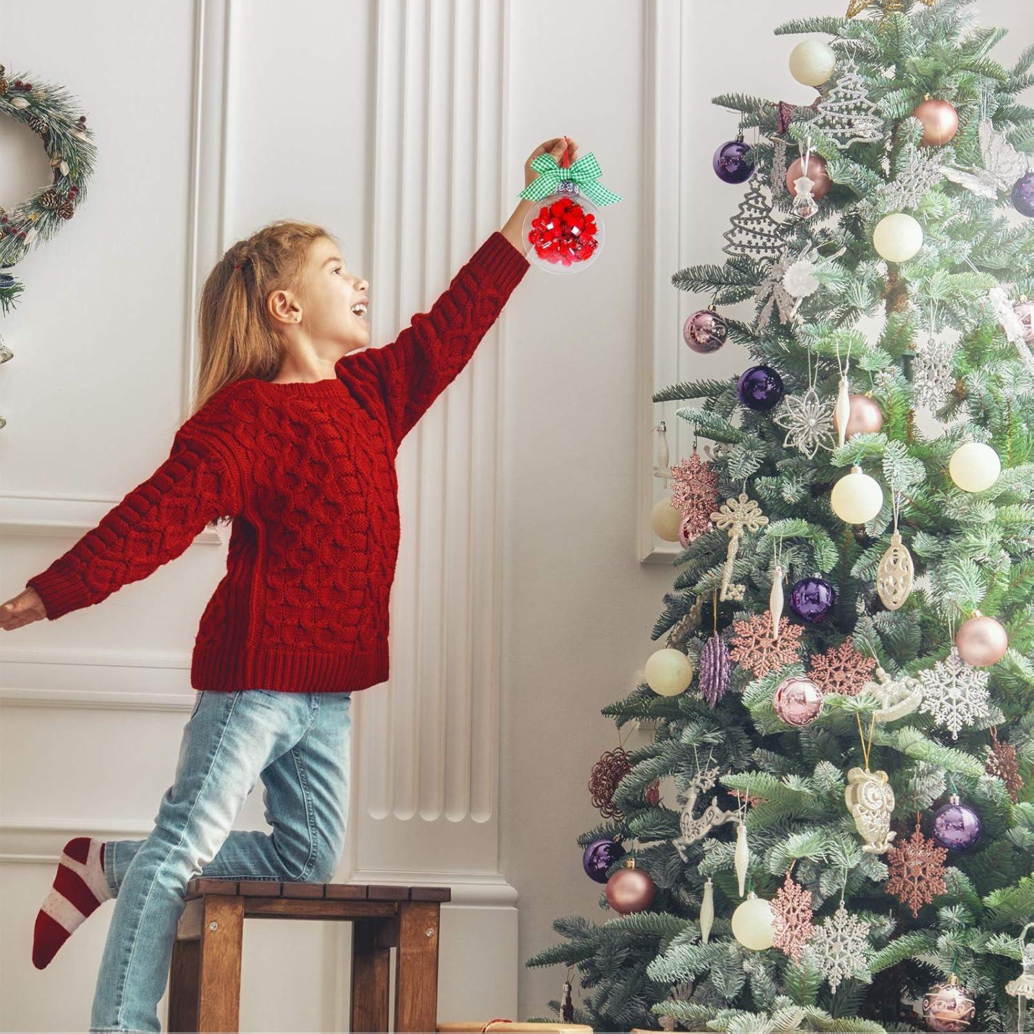 imageWinlyn 12 Sets Christmas Bulb Ornament Balls Clear Plastic Glass Ball Craft Kit Bauble Ornaments Fillable Unbreakable Shatterproof Hanging Tree Ornaments Jingle Bells Pompoms Bows for Holiday Dcor