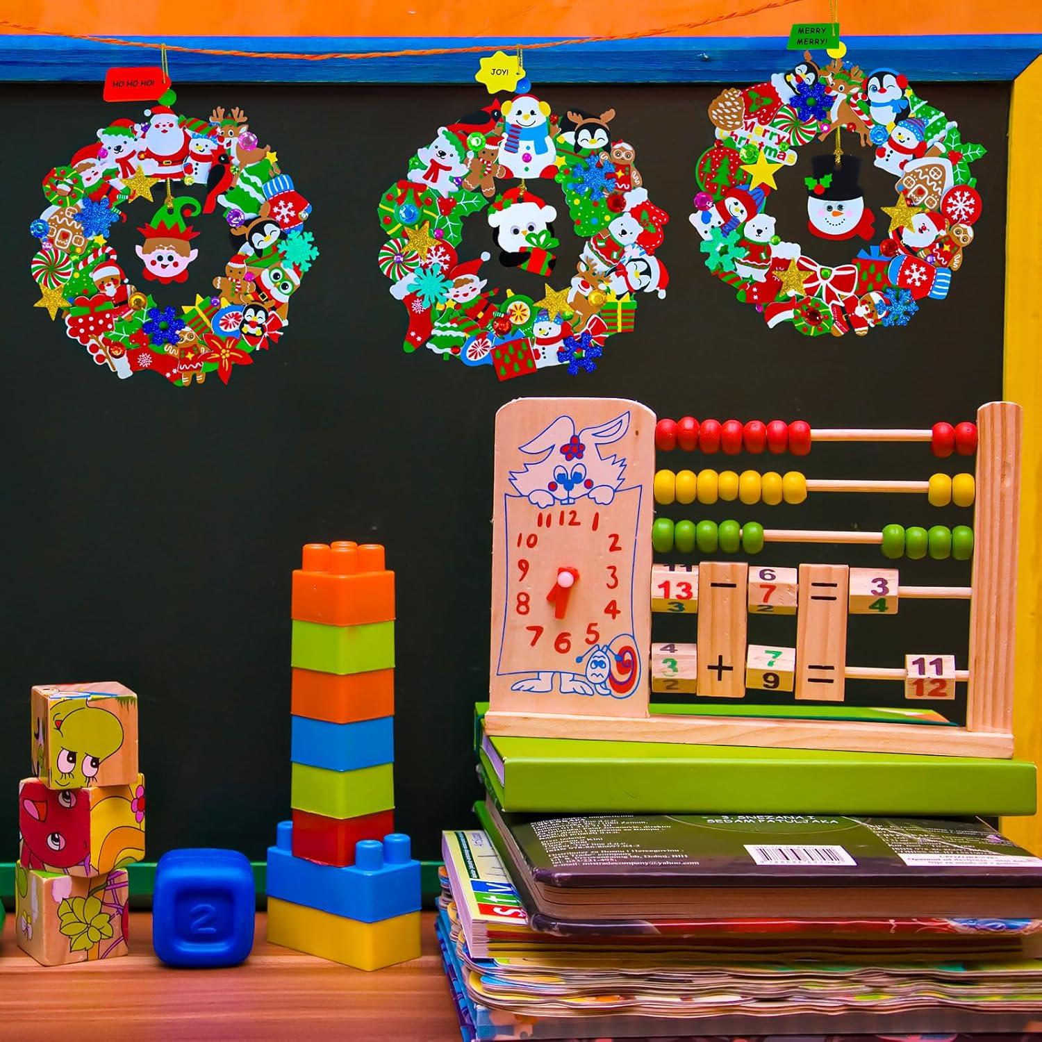 imageWinlyn 12 Sets Christmas Craft Kits Holiday Crafts DIY Christmas Wreath Ornaments Decorations Art Sets Xmas Snowmen Snowflake Festive Winter Foam Stickers Arts and Crafts for Kids Classroom Activities