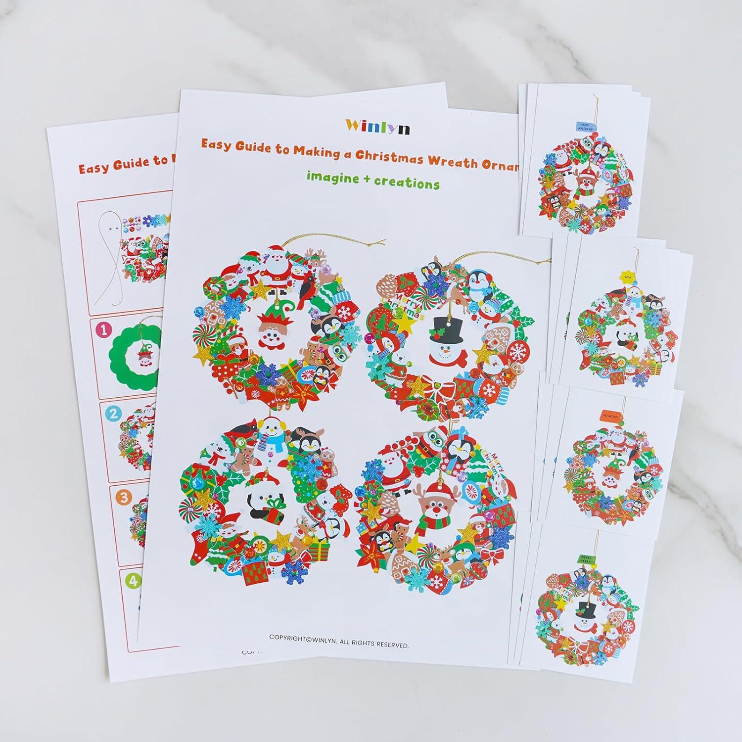 imageWinlyn 12 Sets Christmas Craft Kits Holiday Crafts DIY Christmas Wreath Ornaments Decorations Art Sets Xmas Snowmen Snowflake Festive Winter Foam Stickers Arts and Crafts for Kids Classroom Activities